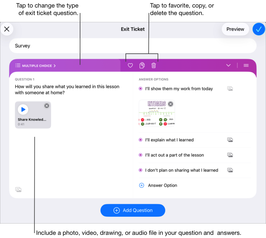 Contoh lembar evaluasi pilihan ganda yang menampilkan judul, pertanyaan pilihan ganda pertama dengan file audio, dan empat pilihan jawaban. Ketuk tombol Multimedia untuk menyertakan foto, video, gambar, atau file audio di setiap jawaban. Selain teks, contoh ini menyertakan gambar pada pilihan jawaban pertama. Ketuk Pilihan Ganda untuk mengubah jenis pertanyaan lembar evaluasi (pilihan ganda, penggeser, respons terbuka, nilai). Anda juga dapat mengetuk untuk memfavoritkan, menyalin, atau menghapus pertanyaan lembar evaluasi.