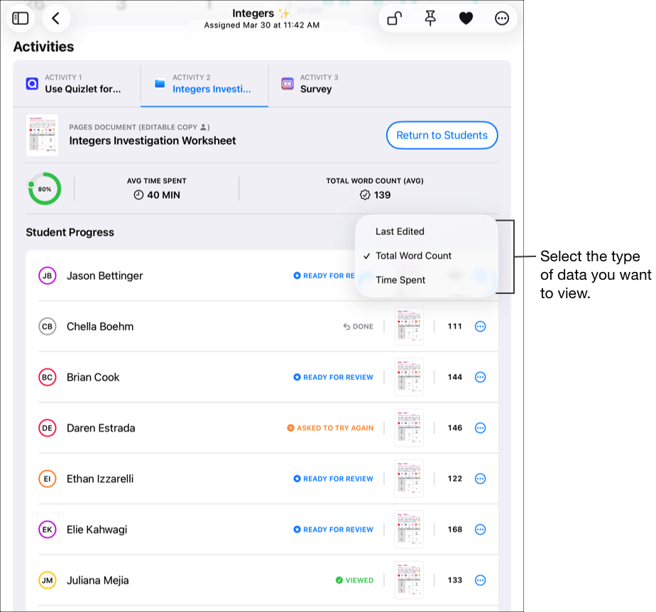 Contoh bagian Kemajuan Murid dari tugas yang menunjukkan pilihan filter ringkasan kemajuan. Schoolwork menampilkan ringkasan kemajuan untuk aktivitas yang dipilih sesaat setelah setidaknya satu murid mengirimkan kemajuan. Untuk menampilkan data kemajuan yang berbeda, ketuk tautan filter saat ini, lalu pilih jenis data yang ingin Anda lihat.