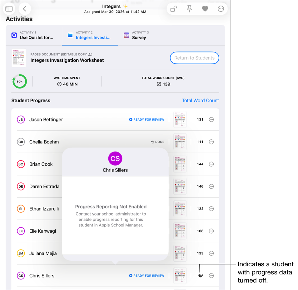 Contoh tampilan detail tugas menampilkan detail data kemajuan untuk aktivitas yang dipilih, termasuk N/A di baris murid yang menunjukkan murid dengan data kemajuan dimatikan dan panel pop-up data kemajuan murid yang menentukan data kemajuan dimatikan untuk murid.