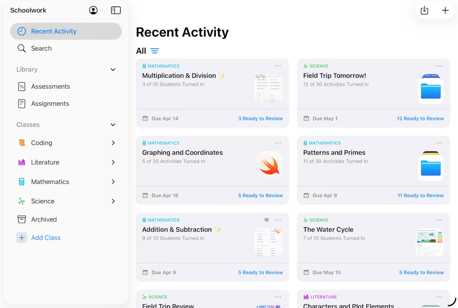 Un file GIF di esempio che mostra come creare e pubblicare un compito con un’attività in Schoolwork.
