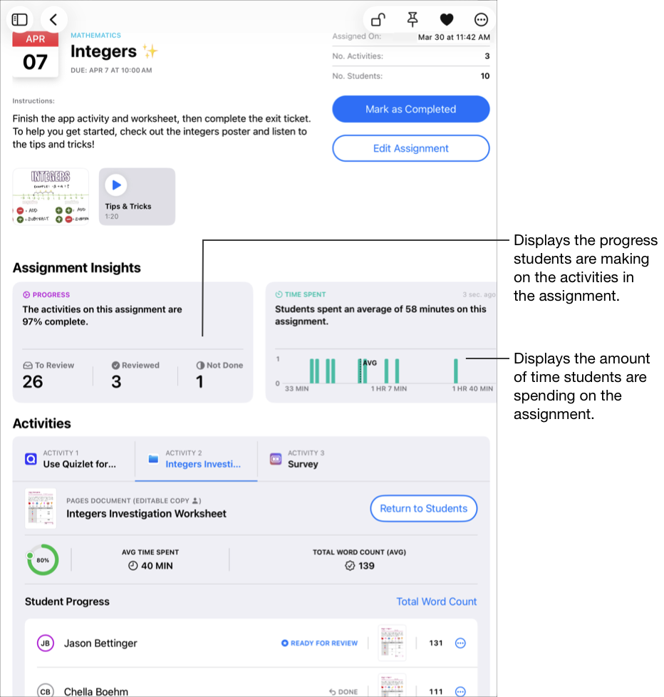Un’immagine che mostra ii dettagli di un compito con i dati dettagliati dei progressi per l’attività selezionata, tra cui la percentuale di completamento, la media del tempo impiegato e del conteggio di parole della classe. La scheda degli approfondimenti dei progressi mostra i progressi degli studenti nelle attività del compito. Il tempo impiegato nella scheda degli approfondimenti indica la quantità di tempo impiegato dagli studenti per il compito.