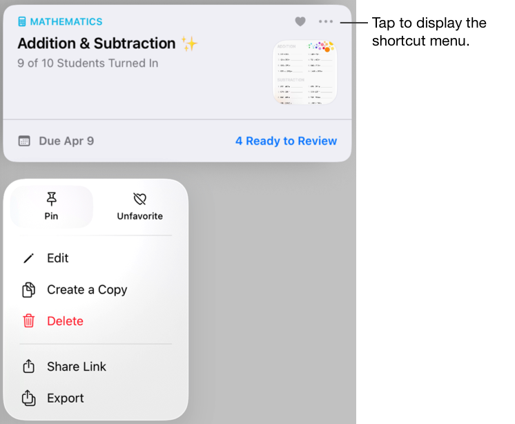 Un esempio di verifica con Metti in evidenza selezionato nel menu di scelta rapida. Tocca il pulsante Altre opzioni per visualizzare il menu di scelta rapida.