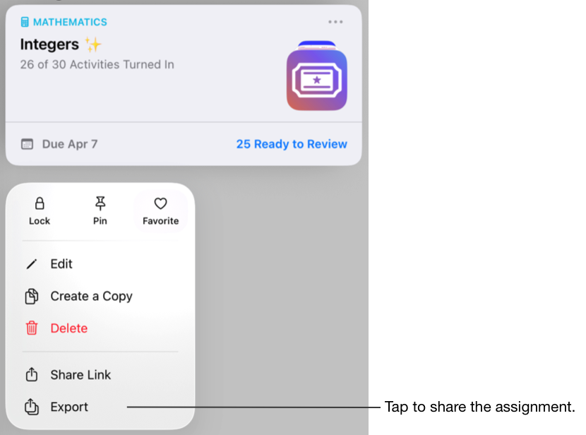課題カードの例。「書き出し」をタップして課題を共有します。
