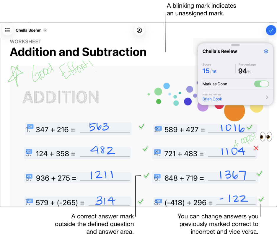 Een voorbeeld van een toetsbestand dat een markering 'Juist' weergeeft buiten het vastgestelde vraag- en antwoordgebied. Een knipperende markering geeft een niet-toegewezen markering aan. Je kunt antwoorden die je eerder als juist hebt gemarkeerd wijzigen in onjuist en andersom.