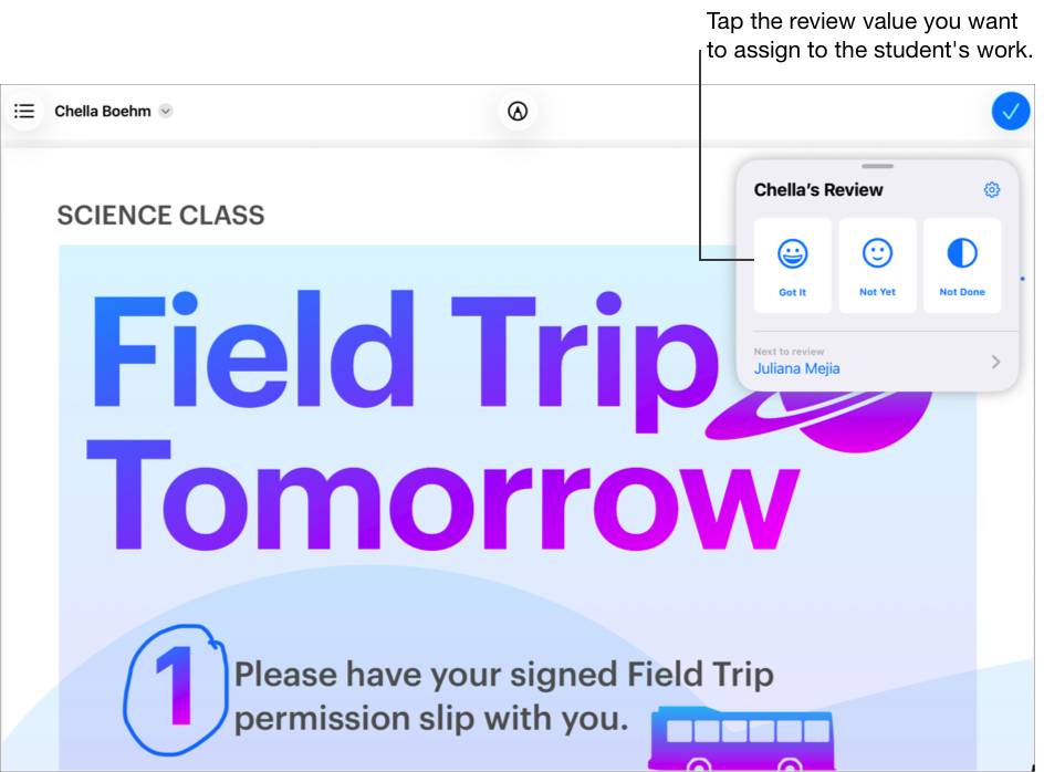 Een voorbeeld van een beoordeling van een leerling die is nagekeken met het beoordelingstype 'Voltooiing'. Tik op de beoordelingswaarde in de kaart die je wilt toekennen aan het werk van de leerling.