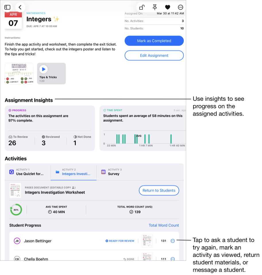 Et eksempel på visningen med oppgavedetaljer, der det vises detaljerte framdriftsdata for den valgte aktiviteten. Bruk innsikt for å se framdrift på de tilordnede aktivitetene. Trykk på Flere alternativer-knappen for å be en elev om å prøve på nytt, merke en aktivitet som åpnet, sende tilbake elevarbeid eller sende meldinger til elever.
