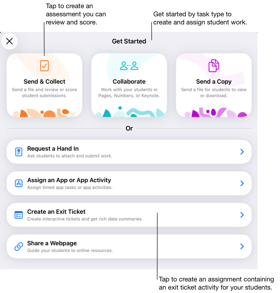 A janela de introdução da app TPC. Pode começar por selecionar o tipo de tarefa que pretende criar e atribuir aos alunos. Toque em Enviar e recolher para criar uma avaliação que pode rever e classificar. Toque em Criar uma atividade final para criar um trabalho que inclua uma atividade final para os alunos.