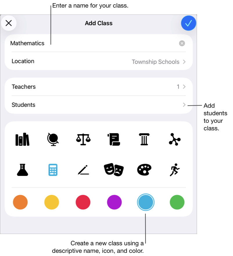 O painel pop-up Adicionar aula a mostrar o nome da turma, a localização, o número de professores e de alunos e os ícones e as cores da turma. Toque para adicionar um nome, professores adicionais e alunos à turma. Pode, também, selecionar uma cor e um ícone personalizados para a turma.