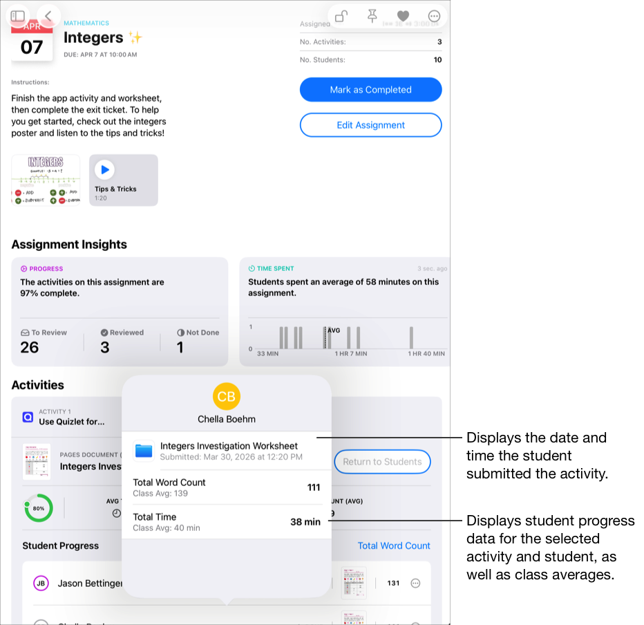 Un exemplu cu vizualizarea detaliilor unei teme, care afișează panoul pop-up cu datele privind progresul elevului pentru elevul selectat. Panoul pop-up afișează datele privind progresul elevului pentru activitatea selectată și pentru elev, precum și media clasei și data și ora la care a fost trimisă.