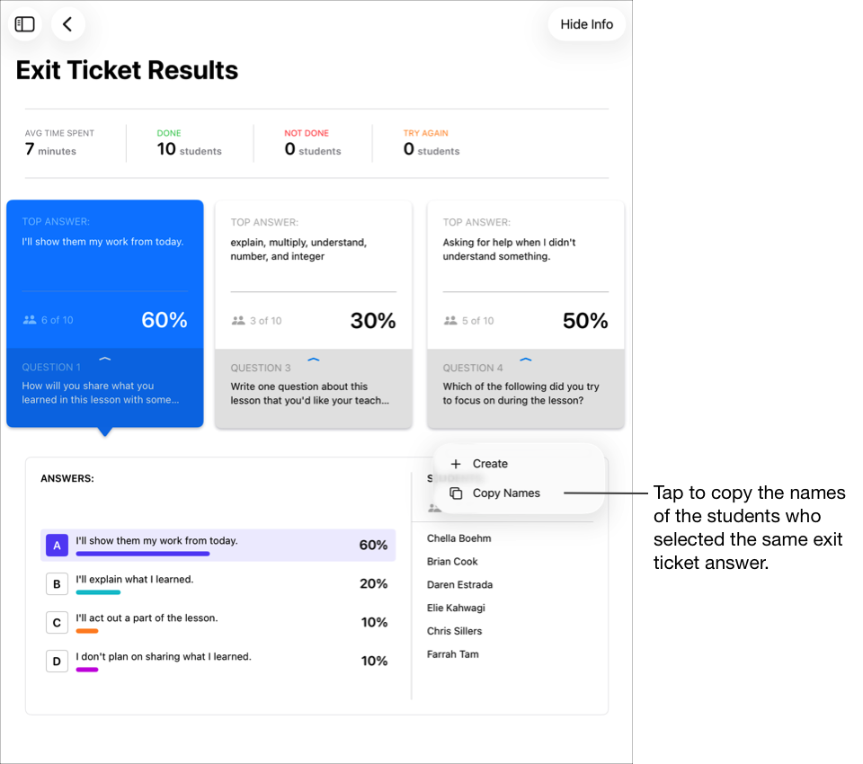Пример представления результатов Exit Ticket Results, показывающий первый выбранный верхний ответ и отображающий связанные с ним ответы и учеников. Нажмите пункт Копировать имена, чтобы скопировать имена учеников, выбравших одинаковый ответ в выходном билете.