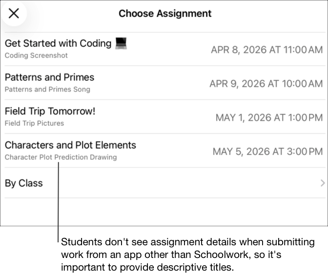 Ett exempel på popup-fönstret Välj uppgift där det visas fyra uppgifter som behöver arbetas på (Get Started with Coding [Kom igång med programmering], Patterns and Primes [Mönster och primtal], Field Trip Tomorrow! [Klassresa imorgon!] och Plot Elements [Rollfigurer och handlingselement]). Elever ser inte uppgiftsinformationen när de skickar in arbete från en annan app än Skolarbete. Därför är det är viktigt att använda beskrivande titlar.