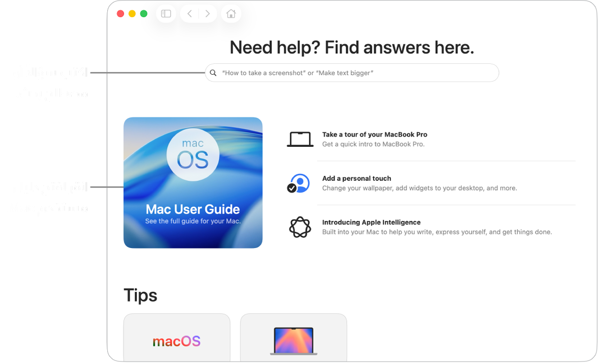 الصفحة الرئيسية لتطبيق التلميحات ويظهر بها دليل مستخدم Mac وحقل البحث والموضوعات المقترحة.