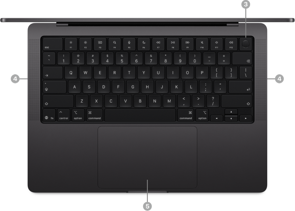 Un MacBook Pro obert, en un pla zenital, en què es veuen el Touch ID (botó d’engegada), els altaveus i el trackpad amb Force Touch.