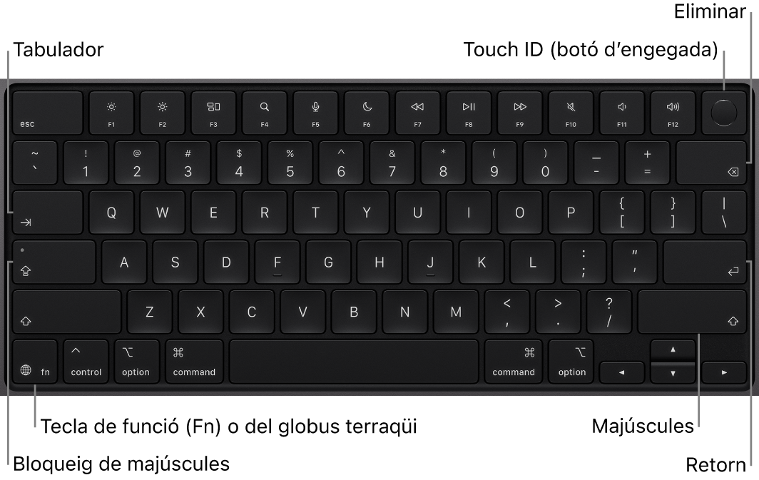 Teclat d’un MacBook Pro amb el botó del Touch ID a la part superior dreta, la tecla de funció a l’angle inferior esquerre i les tecles de tabulació, bloqueig de majúscules, majúscules, eliminar i retorn.
