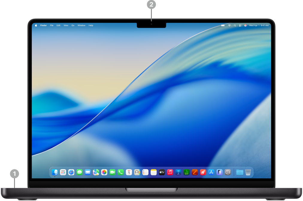 Přední strana MacBooku Pro s otevřeným víkem, na níž jsou vidět mikrofony a kamera 12MP Center Stage.