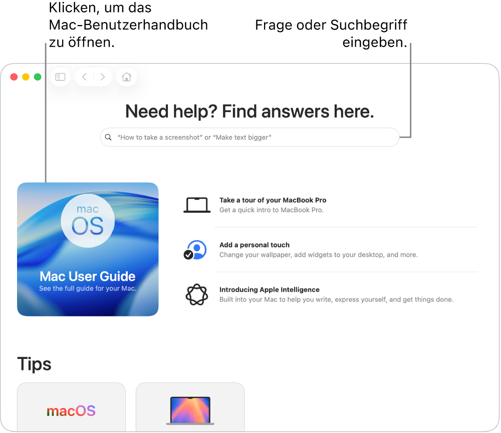 Die Startseite der App „Tipps“ zeigt das Mac – Benutzerhandbuch, das Suchfeld sowie empfohlene Themen.