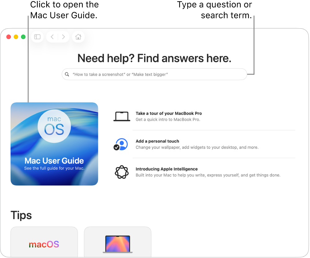 The Tips App Landing page showing the Mac User Guide, the search field, and suggested topics.