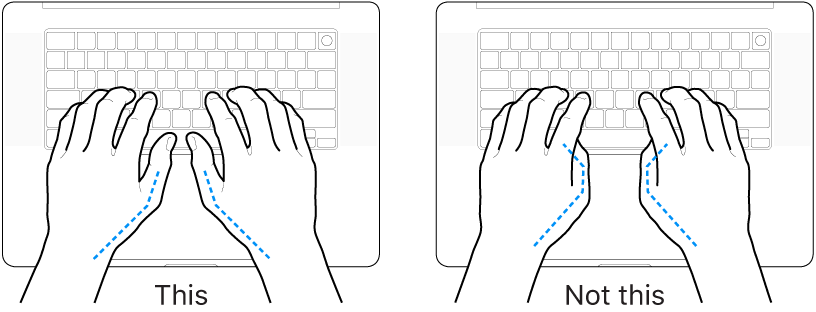 Hands positioned over a keyboard, showing correct and incorrect placement of thumbs.