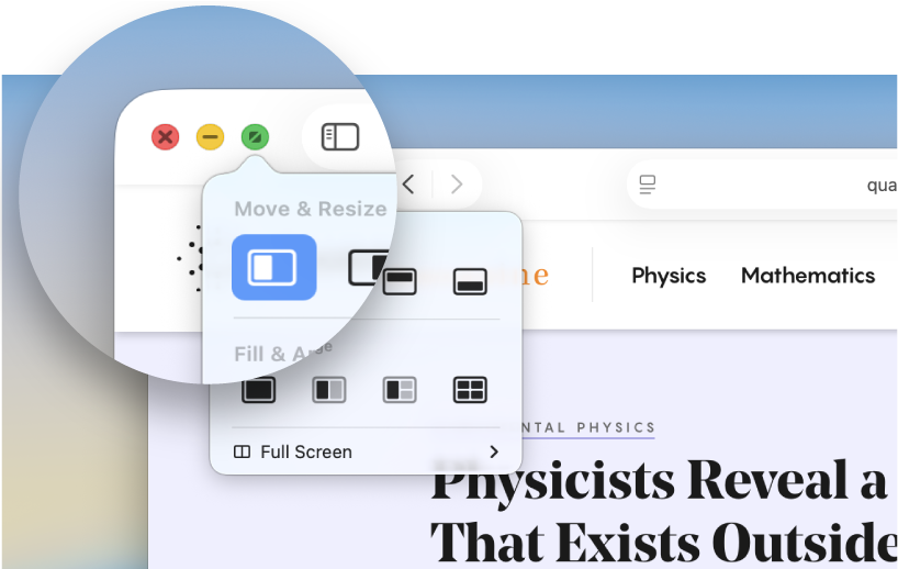 The red (close), yellow (minimize), and green (full-screen) buttons in the top-left corner of an app window.