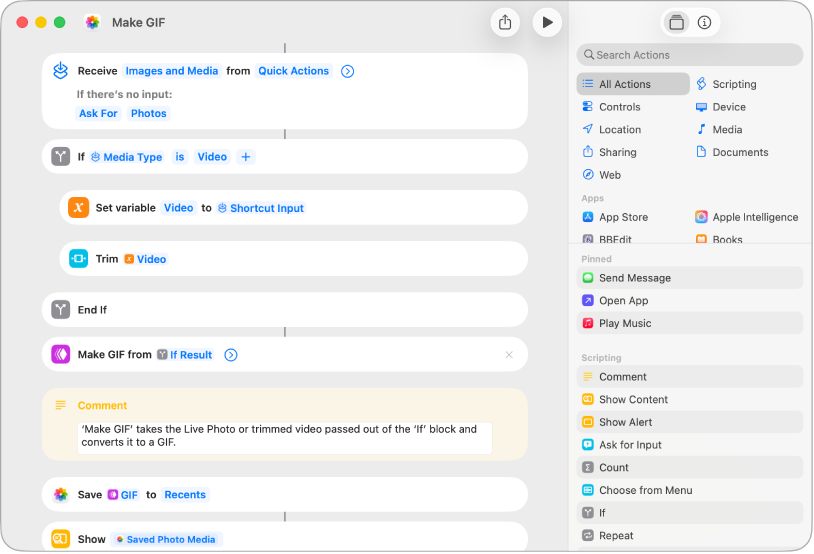 The Shortcut editor on the left, showing the actions in the Make GIF shortcut.