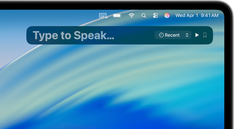 The Live Speech window is shown on the Desktop. Above, the Live Speech icon is shown in the menu bar.