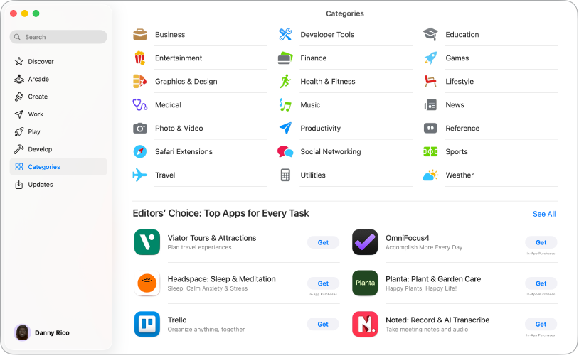 Ventana de App Store que muestra un campo de búsqueda y las categorías de apps.