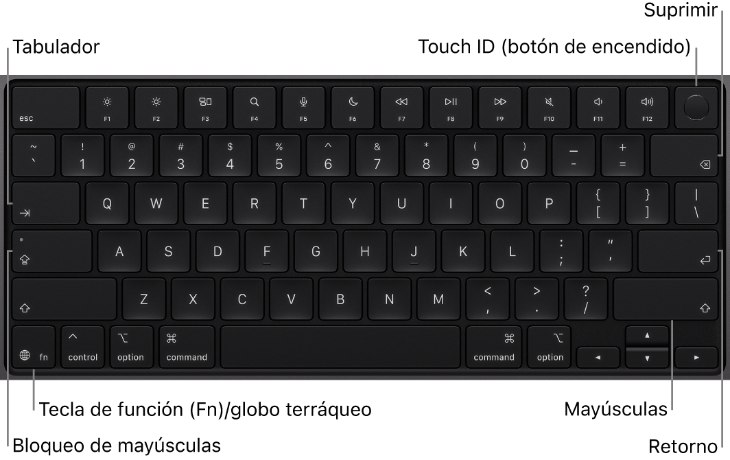 Teclado del MacBook Pro, con el botón Touch ID en la parte superior derecha, la tecla de función en la esquina inferior izquierda y las teclas Tabulador, Bloq Mayús, Mayúsculas, Suprimir y Retorno.