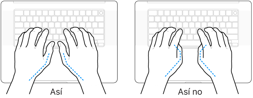 Manos colocadas sobre un teclado que muestran una posición correcta e incorrecta de los pulgares.