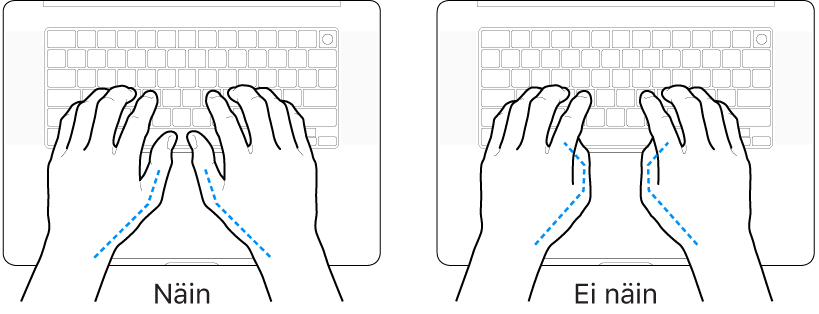 Kädet näppäimistön yllä havainnollistavat peukaloiden oikeaoppista ja virheellistä asentoa.