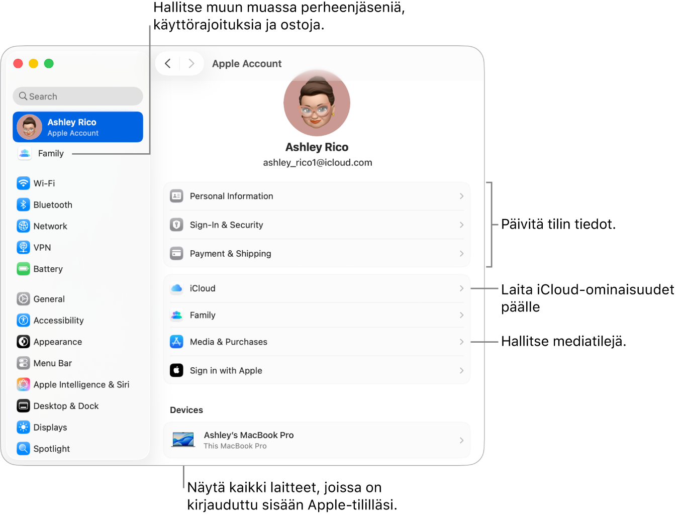 Järjestelmäasetusten Apple-tili-asetukset ja selitteet tilin tietojen päivittämiseen, iCloud-ominaisuuksien laittamiseen päälle tai pois päältä sekä mediatilien hallintaan. Lisäksi Perhe-osio, jossa voit hallita perheenjäseniä, käyttörajoituksia, ostoja ja muita ominaisuuksia.