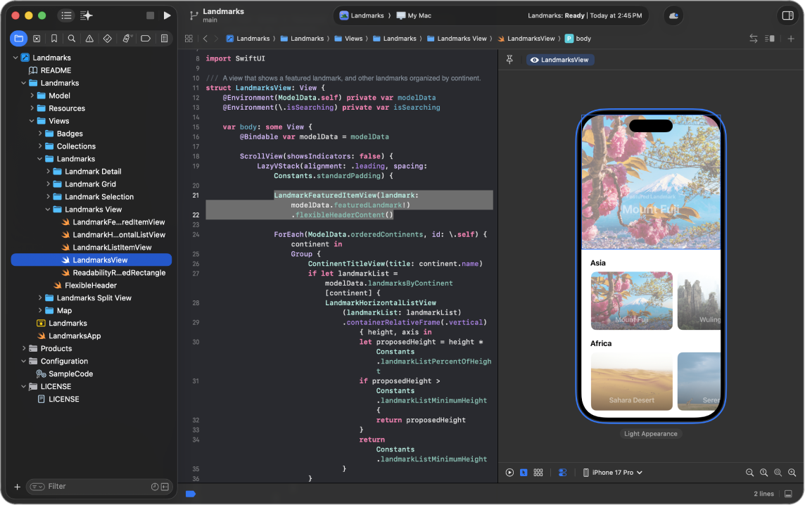 Képernyőfotó az Xcode-ról, amelynek közepén a kódszerkesztő látható, a jobb oldalán pedig egy előnézet. A kiválasztható mód gombja aktiválva van az előnézeti vászon alján. Az előnézeti vászon a kiválasztható mód nézetének előnézetét jeleníti meg.