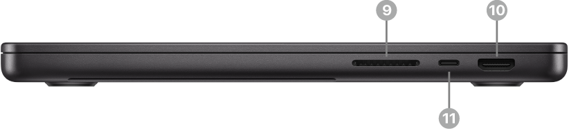 SDXC картасының ұясын, Thunderbolt (USB-C) портын және HDMI портын көрсетіп тұрған MacBook Pro компьютерінің оң жағы.