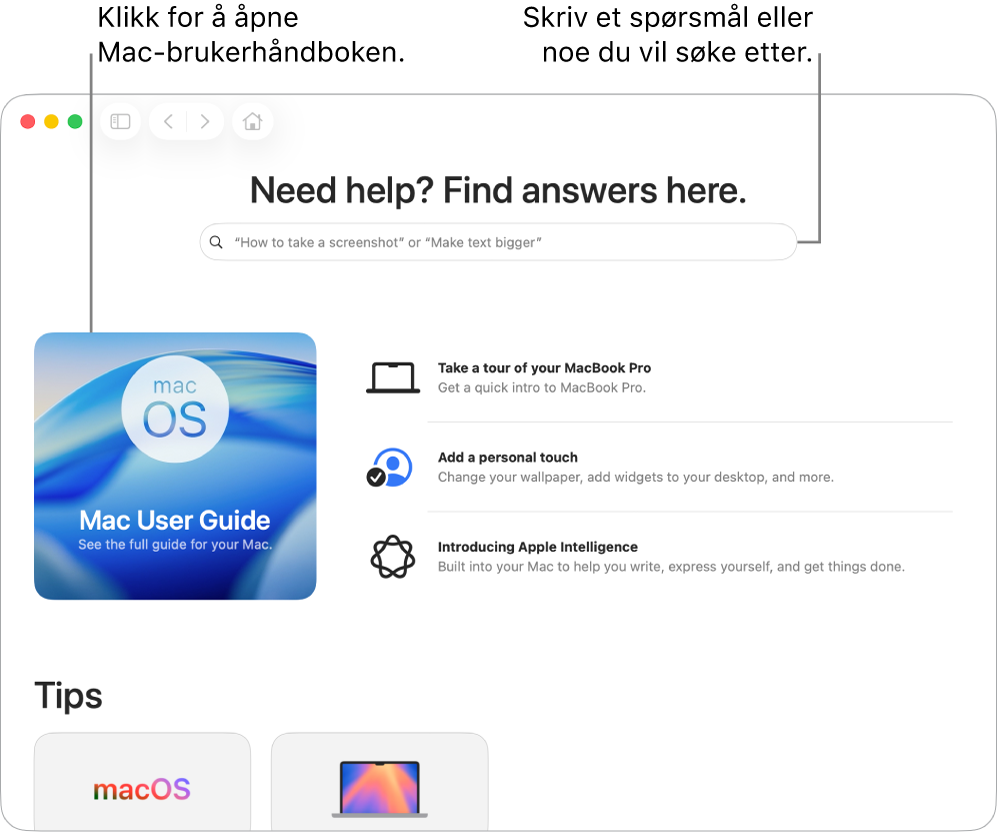 Landingssiden for Tips-appen viser Brukerhåndbok for Mac, søkefeltet og foreslåtte emner.