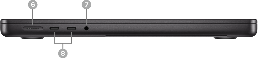 Lewa strona MacBooka Pro z gniazdem MagSafe 3, dwoma gniazdami Thunderbolt (USB-C) oraz gniazdem słuchawkowym 3,5 mm.