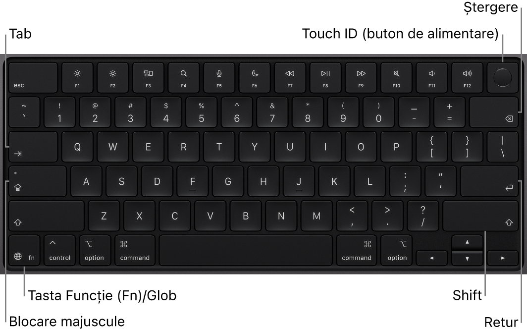 Tastatura unui MacBook Pro, prezentând butonul Touch ID în colțul din dreapta sus, tasta Funcție în colțul din stânga jos și tastele Tab, Blocare majuscule, Shift, Ștergere și Retur.