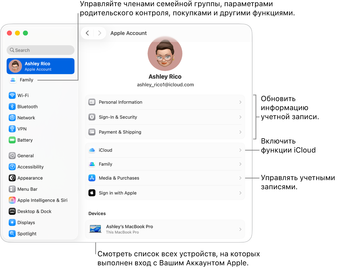 Настройки Аккаунта Apple в Системных настройках. Выносками показаны параметры обновления сведений учетной записи, включения или выключения функций iCloud и управления настройками учетных записей для мультимедиа. В разделе Семейного доступа показаны параметры для настройки устройств членов семьи, родительского контроля, покупок и другие.