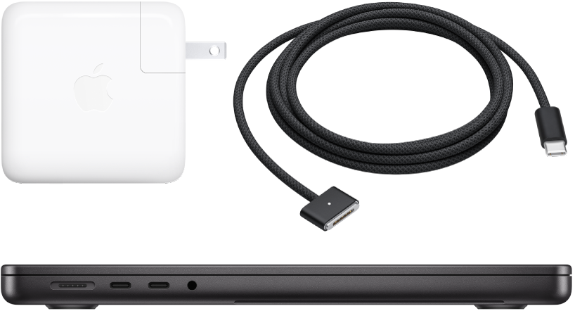 配備電源轉接器和充電線的 MacBook Pro 側邊視圖。