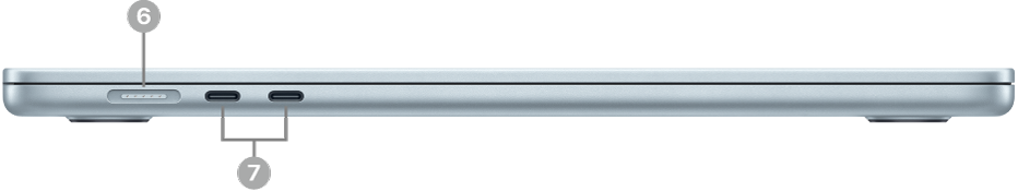 Изглед отляво на MacBook Air с показани портове: порт MagSafe 3 и два порта Thunderbolt 4 (USB-C).