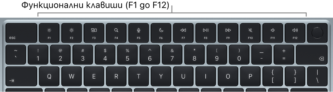 Клавиатура на MacBook Air с най-горния ред с функционални клавиши.