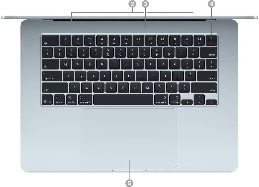 Un MacBook Air obert, en un pla zenital, en què es veuen els altaveus, els micròfons, el Touch ID (botó d’engegada) i el trackpad amb Force Touch.