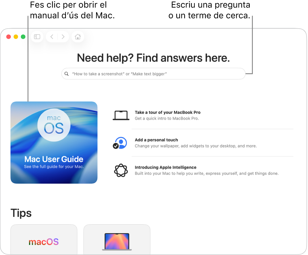La pàgina d’inici de l’app Consells amb el manual d’ús del Mac, el camp de cerca i els temes suggerits.