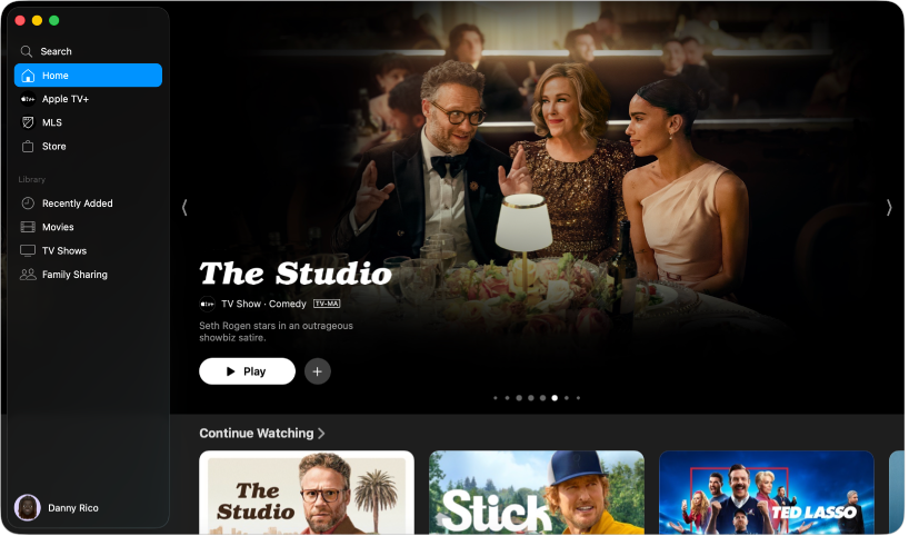 Die Apple TV App zeigt die Seitenleiste mit verschiedenen Kategorien und der Startseite.