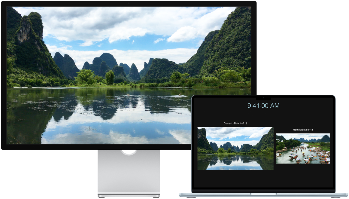 Ένα MacBook Air δίπλα σε οθόνη Studio Display που χρησιμοποιείται ως εξωτερική οθόνη.