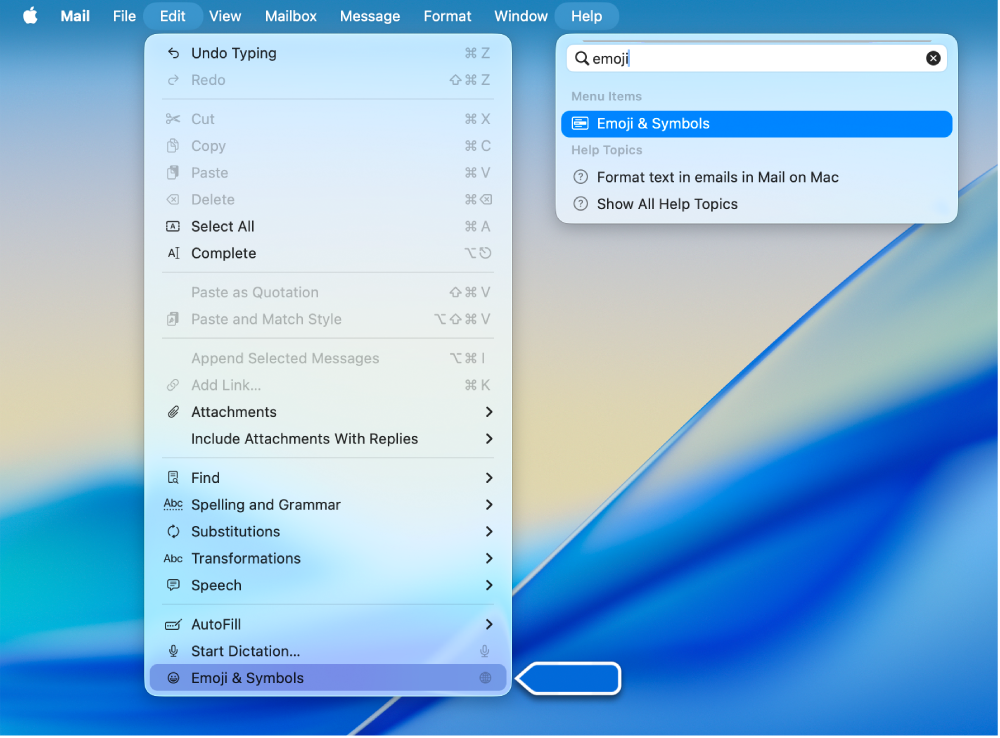 The Help menu showing a search for “emoji” with the Emoji & Symbols option highlighted in the results list and in the Edit menu.