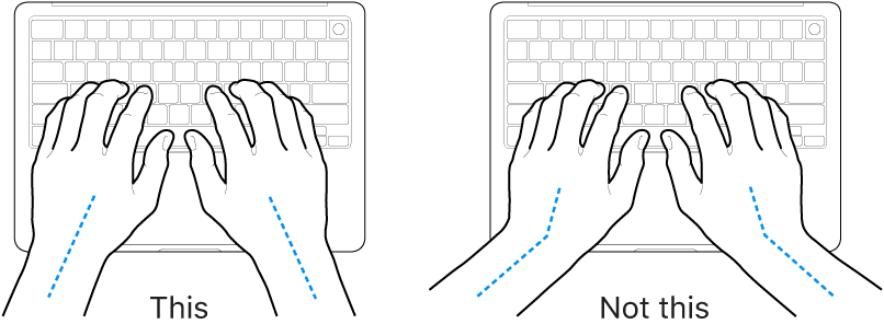 Hands positioned over a keyboard, showing correct and incorrect wrist and hand alignment.