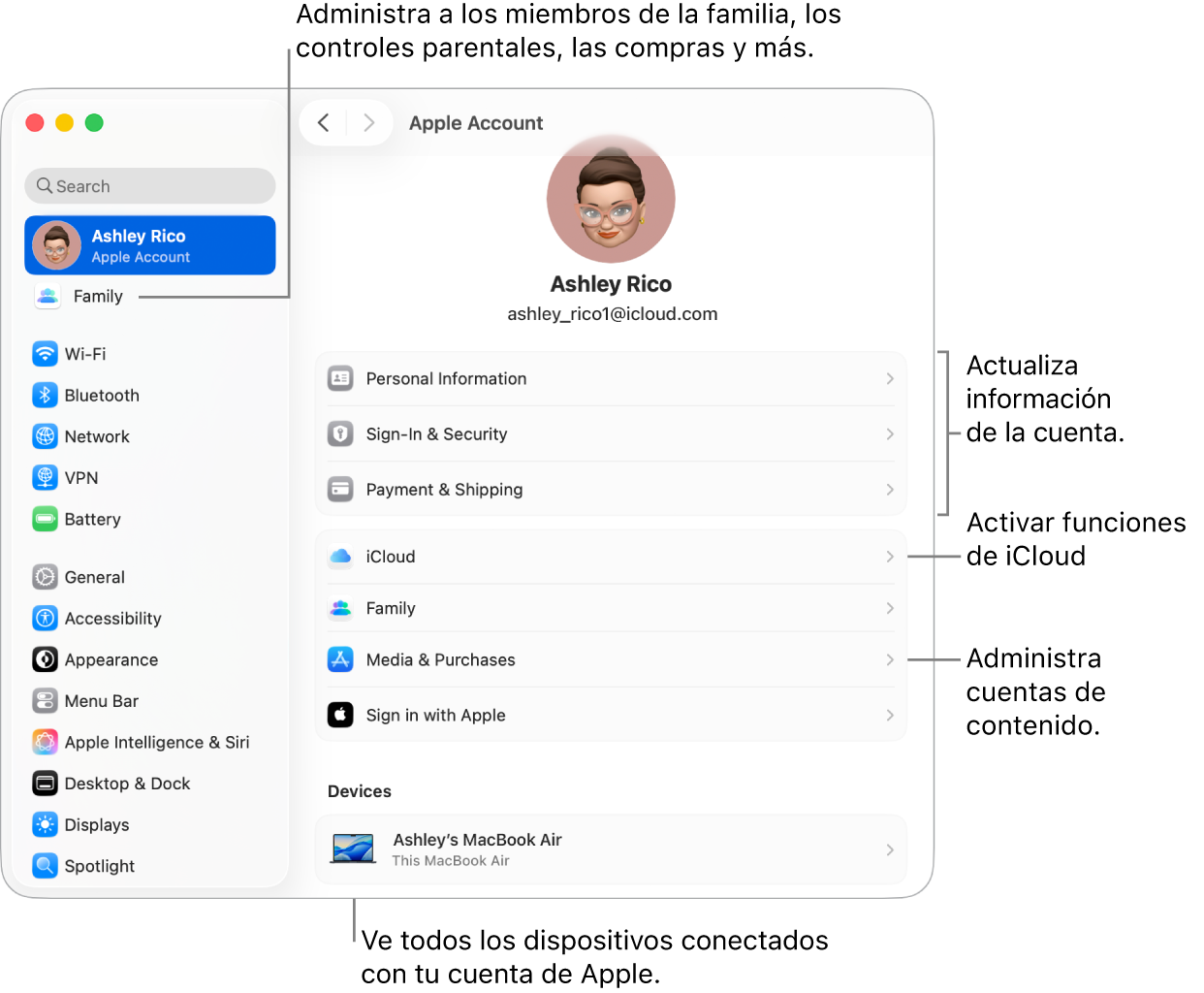 La configuración de la cuenta de Apple en Configuración del Sistema con opciones para actualizar la información de la cuenta, activar o desactivar las funciones de iCloud, administrar las cuentas de contenido, y ajustar la configuración de Familia, donde se pueden administrar familiares, controles parentales, compras y más.