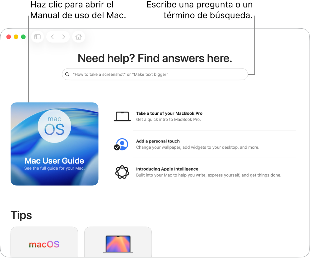 La página de aterrizaje de la app Consejos con el Manual de uso del Mac, el campo de búsqueda y los temas sugeridos.