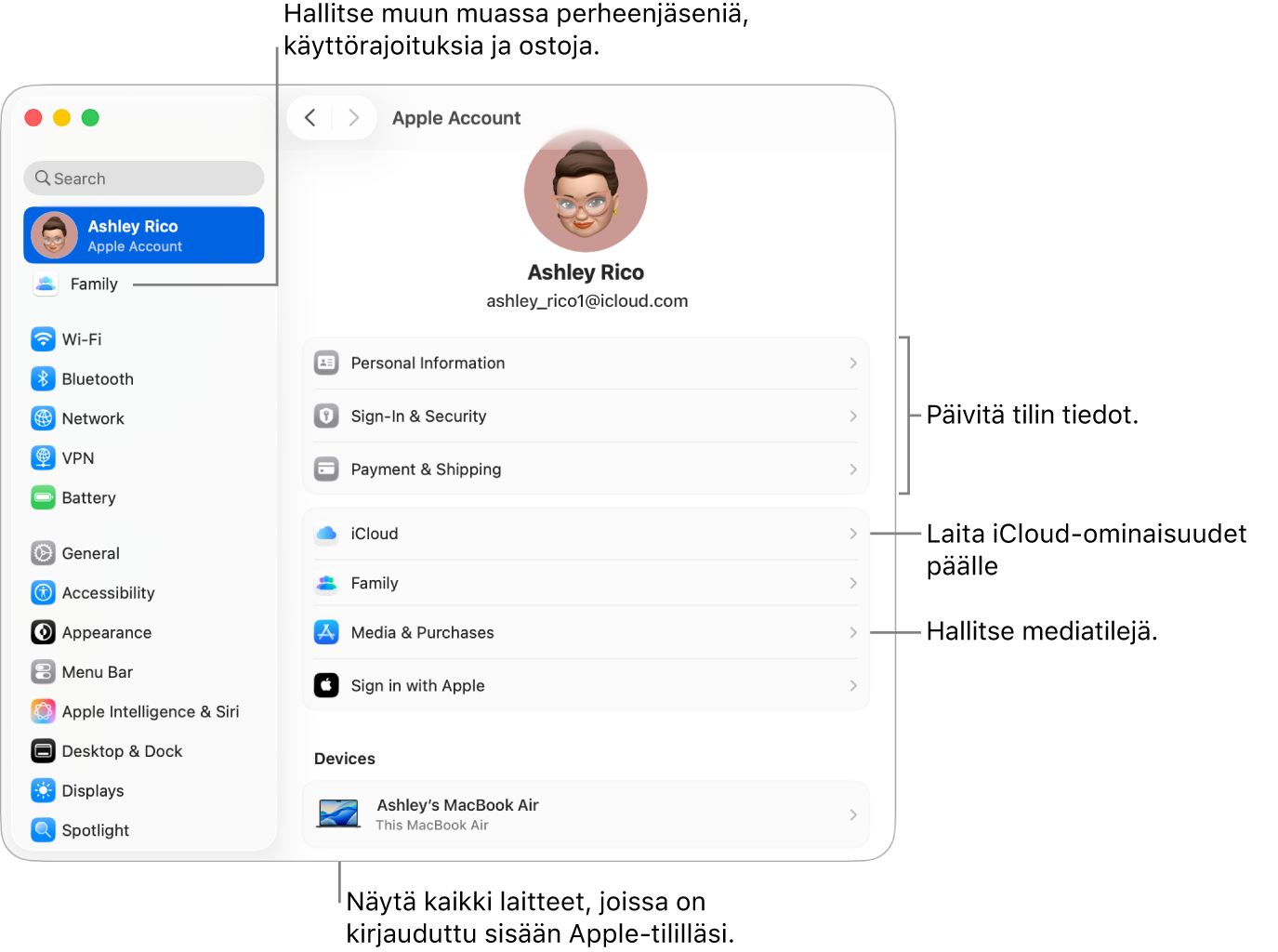 Järjestelmäasetusten Apple-tili-asetukset ja selitteet tilin tietojen päivittämiseen, iCloud-ominaisuuksien laittamiseen päälle tai pois päältä sekä mediatilien hallintaan. Lisäksi Perhe-osio, jossa voit hallita perheenjäseniä, käyttörajoituksia, ostoja ja muita ominaisuuksia.