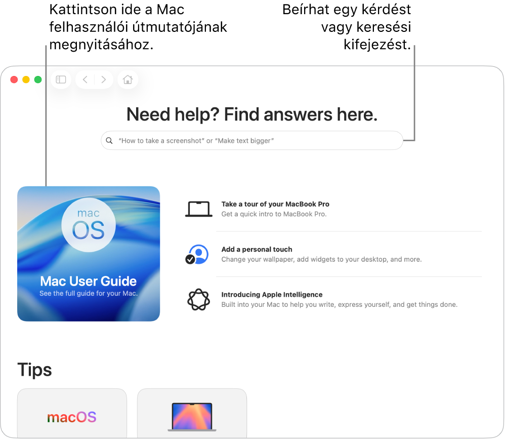 A Tippek app kezdőoldalán a Mac felhasználói útmutató, a keresőmező és javasolt témakörök láthatók.