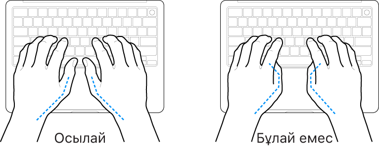 Бас бармақтардың дұрыс және дұрыс емес орналасуын көрсетіп тұрған пернетақта үстіне қойылған қолдар.